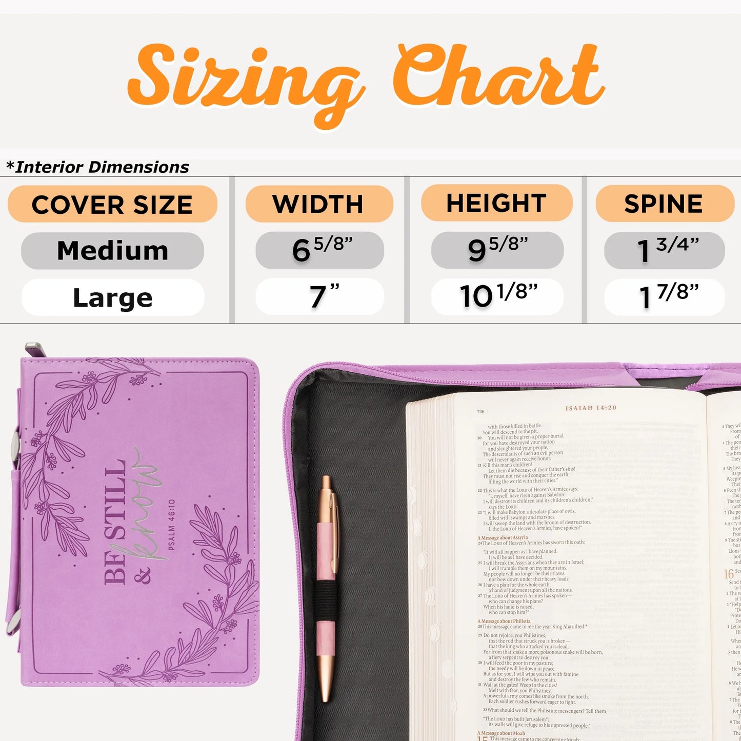 Protective Purple Floral Faux Leather Fashion Bible Cover Carry Case with Handle for Women: Be Still and Know - Psalm 46:11 Inspirational Bible Verse, Medium