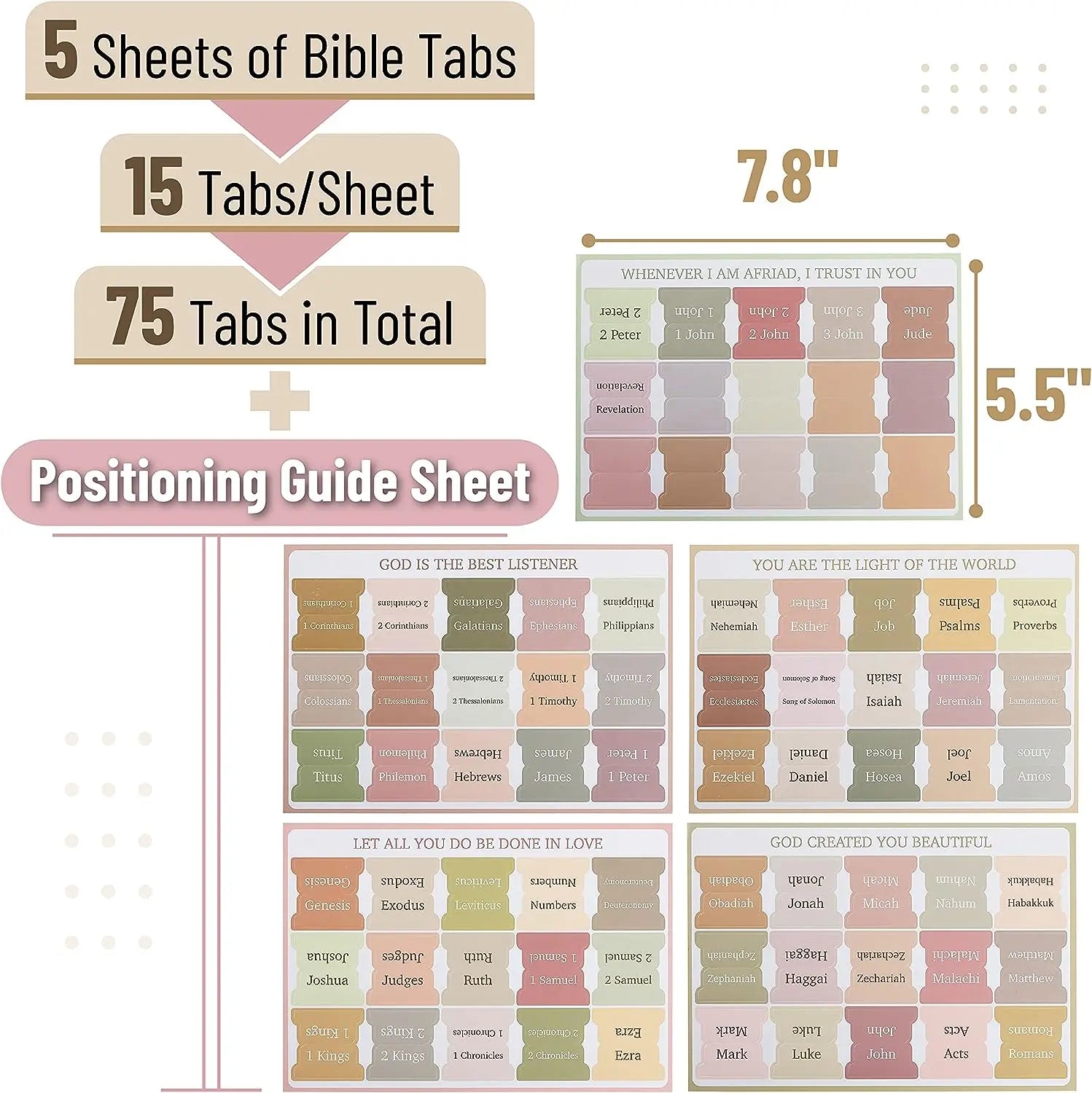 5 Sheets(75Pcs) Bible Tabs Large Print and Easy-To-Read Bible Journaling Supplies Self-Adhesive Index Label Sticker Stationery