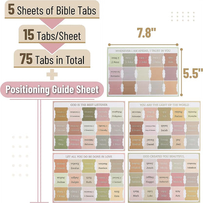 5 Sheets(75Pcs) Bible Tabs Large Print and Easy-To-Read Bible Journaling Supplies Self-Adhesive Index Label Sticker Stationery
