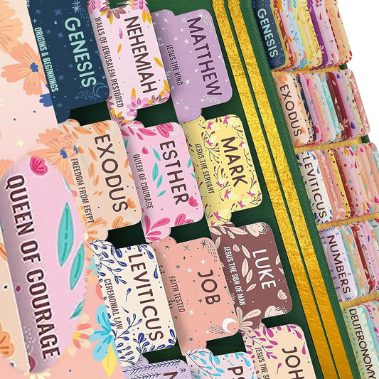 Bible Tabs Pastel Bloom-Soul Nourishing Book Summaries-75 Peel-And-Stick Laminated Bible Tabs for Men Women,Bible Study Supplies