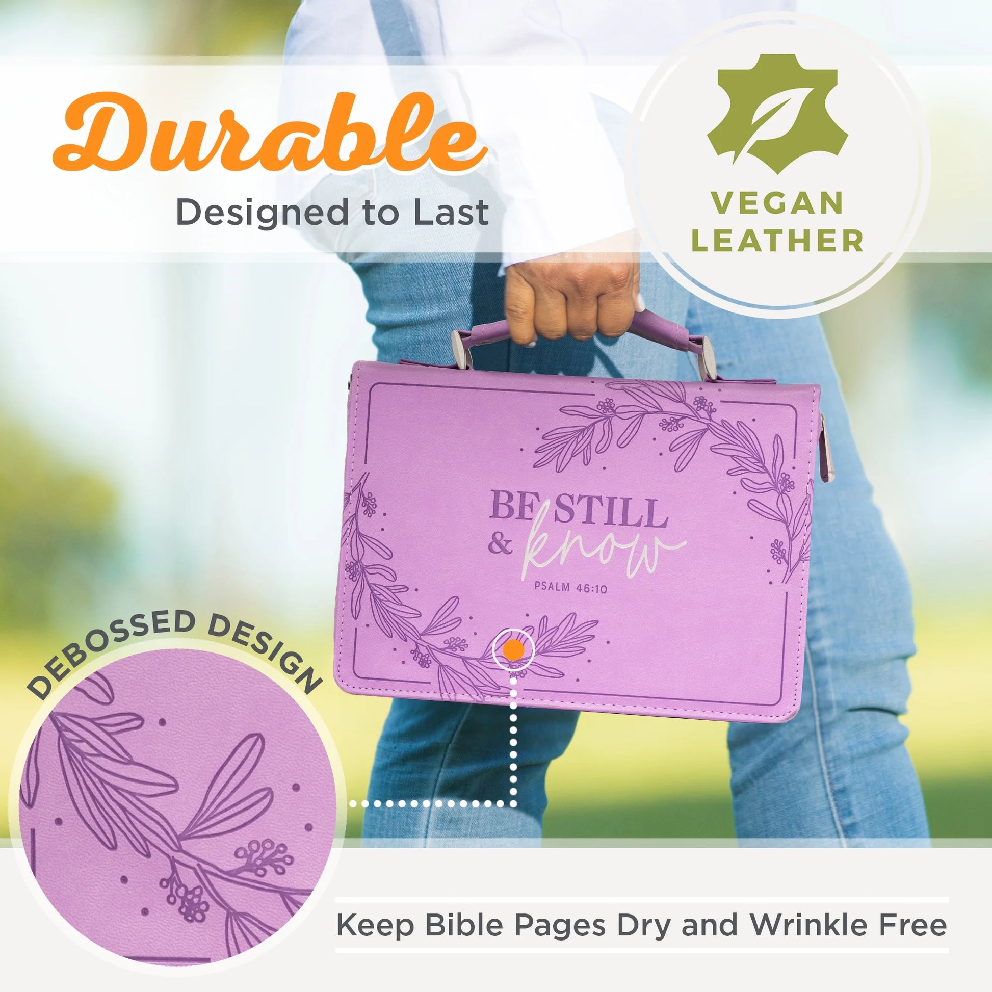 Protective Purple Floral Faux Leather Fashion Bible Cover Carry Case with Handle for Women: Be Still and Know - Psalm 46:11 Inspirational Bible Verse, Medium