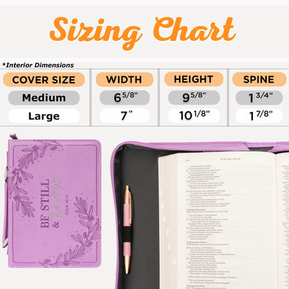 Protective Purple Floral Faux Leather Fashion Bible Cover Carry Case with Handle for Women: Be Still and Know - Psalm 46:11 Inspirational Bible Verse, Medium