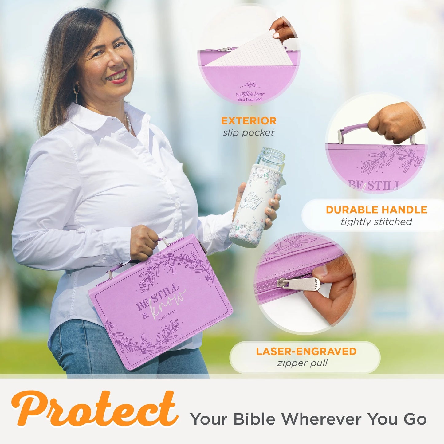 Protective Purple Floral Faux Leather Fashion Bible Cover Carry Case with Handle for Women: Be Still and Know - Psalm 46:11 Inspirational Bible Verse, Medium