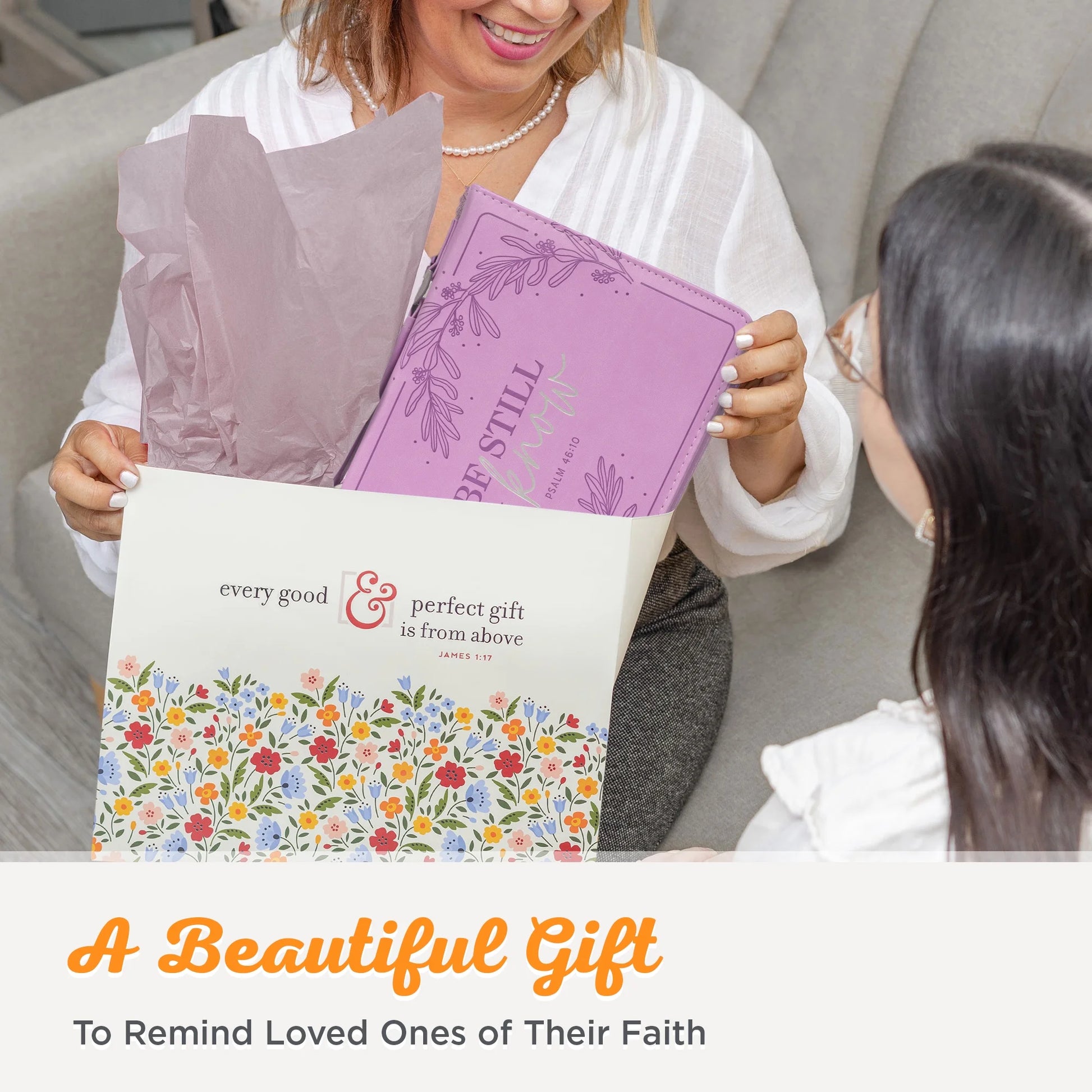 Protective Purple Floral Faux Leather Fashion Bible Cover Carry Case with Handle for Women: Be Still and Know - Psalm 46:11 Inspirational Bible Verse, Medium