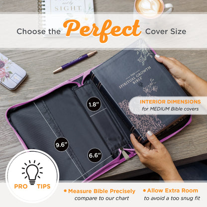 Protective Purple Floral Faux Leather Fashion Bible Cover Carry Case with Handle for Women: Be Still and Know - Psalm 46:11 Inspirational Bible Verse, Medium
