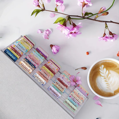 Bible Tabs Pastel Bloom-Soul Nourishing Book Summaries-75 Peel-And-Stick Laminated Bible Tabs for Men Women,Bible Study Supplies