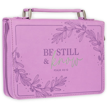 Protective Purple Floral Faux Leather Fashion Bible Cover Carry Case with Handle for Women: Be Still and Know - Psalm 46:11 Inspirational Bible Verse, Medium