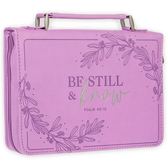 Protective Purple Floral Faux Leather Fashion Bible Cover Carry Case with Handle for Women: Be Still and Know - Psalm 46:11 Inspirational Bible Verse, Medium
